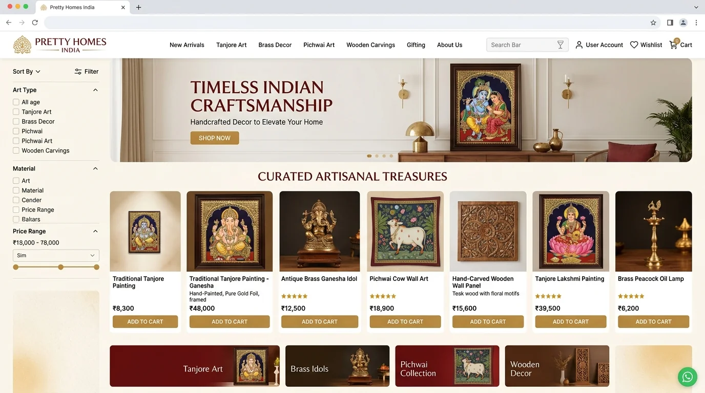 Pretty Homes India - E-commerce / Home & Decor web development project
